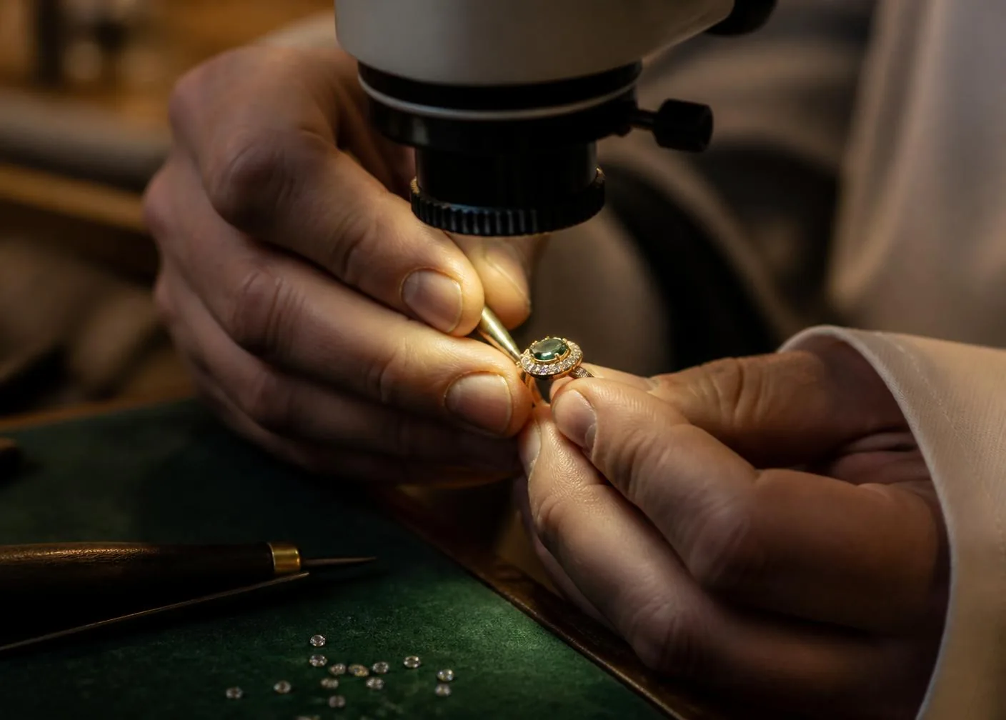 Artisan setting diamonds into a gold ring under a microscope