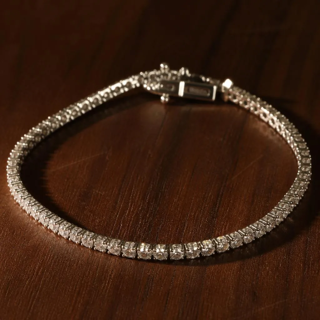Slim diamond tennis bracelet on walnut wood